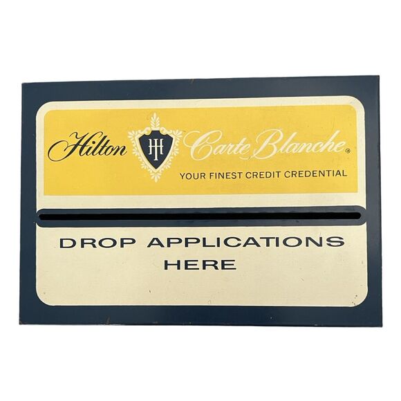 Vintage Hilton Carte Blanche Credit Card Application Blue Yellow Tin Box 50s 60s - Picture 1 of 10